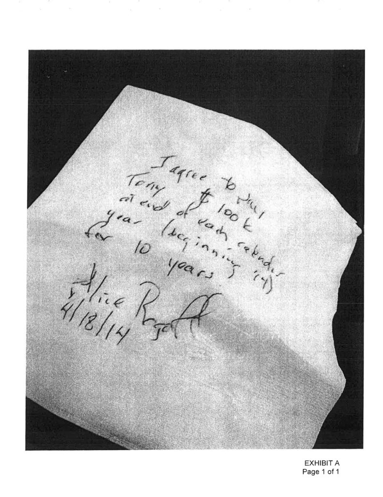 Straight out of the movies, Exhibit A is a contract on a bar napkin, signed by Alice Rogoff.