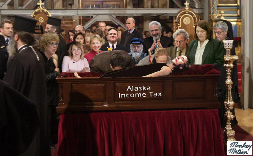 Art work depicting the income tax in a casket, with legislators surrounding it.