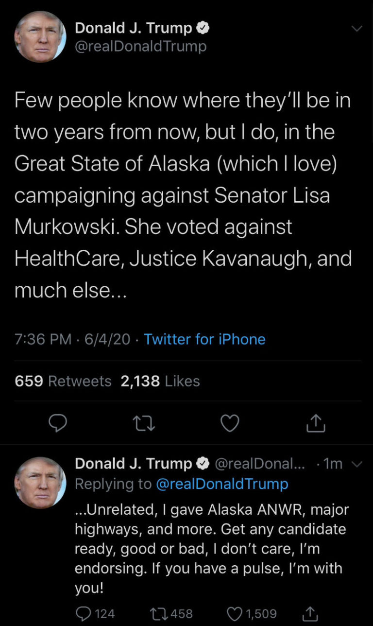 President Trump says he will campaign against Murkowski in 2022