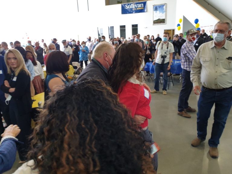 Protesters rush stage with bloody caribou heart during Sen. Sullivan meet-and-greet