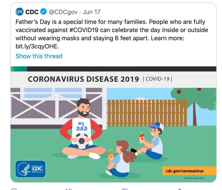 CDC says if you are vaccinated you don’t have to wear a mask on Fathers Day
