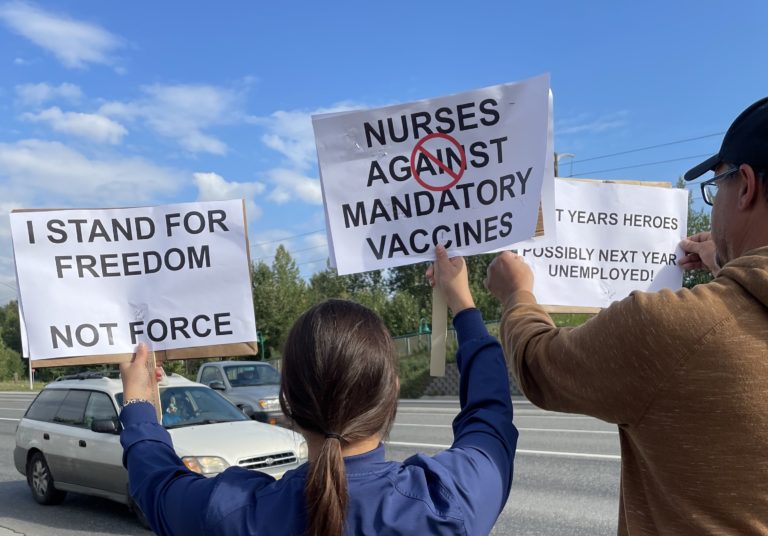 200 turn out to protest forced vaccinations at Alaska Native Tribal Health Consortium
