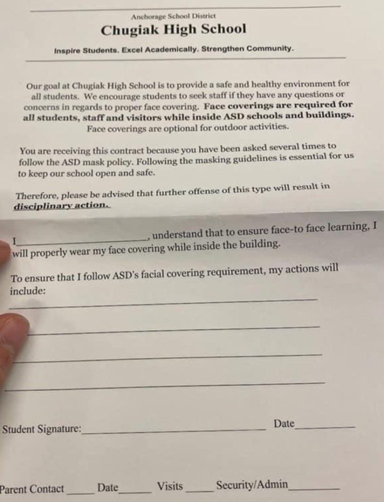 Chugiak High is requiring students to sign contracts that they will mask up
