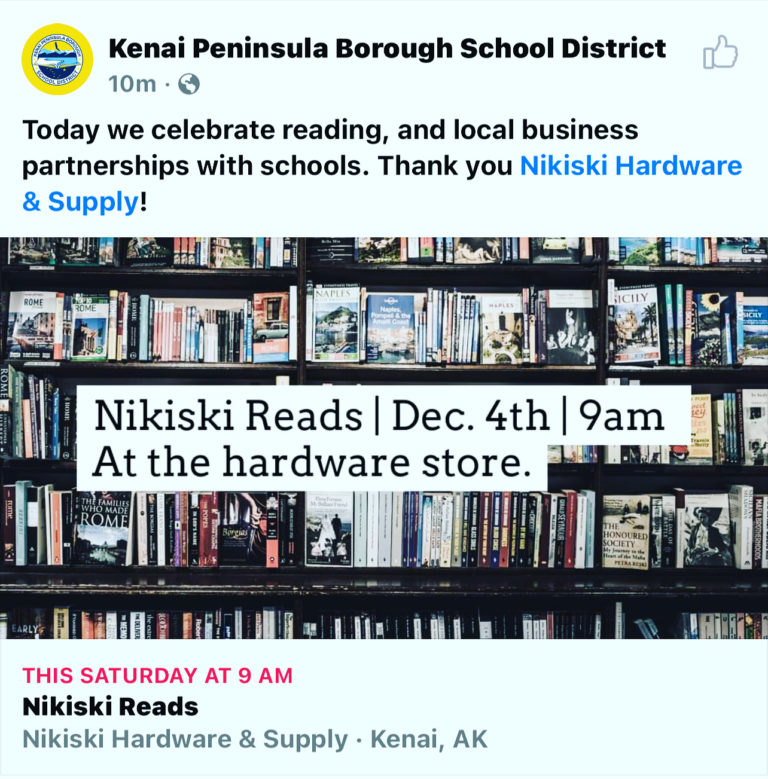 Nikiski Hardware, schools partner for reading aloud to children in a hardware store
