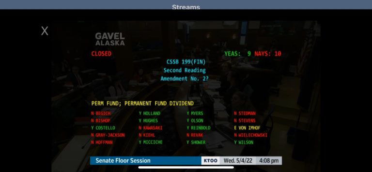 Fail: Vote to make Permanent Fund dividend a 50-50 split with government and get it into Alaska constitution fails 10-9 in Senate; Sen. Revak casts pivotal vote