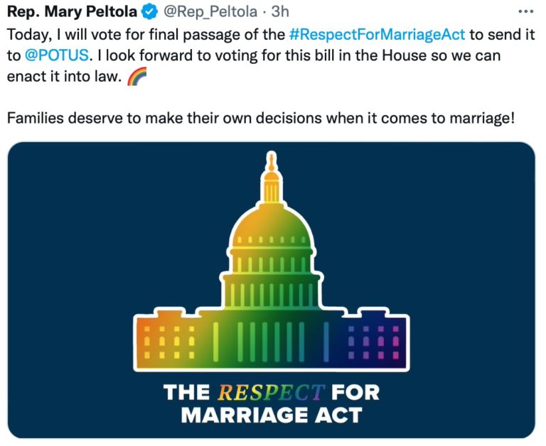Peltola toes line, votes for Respect for Marriage Act
