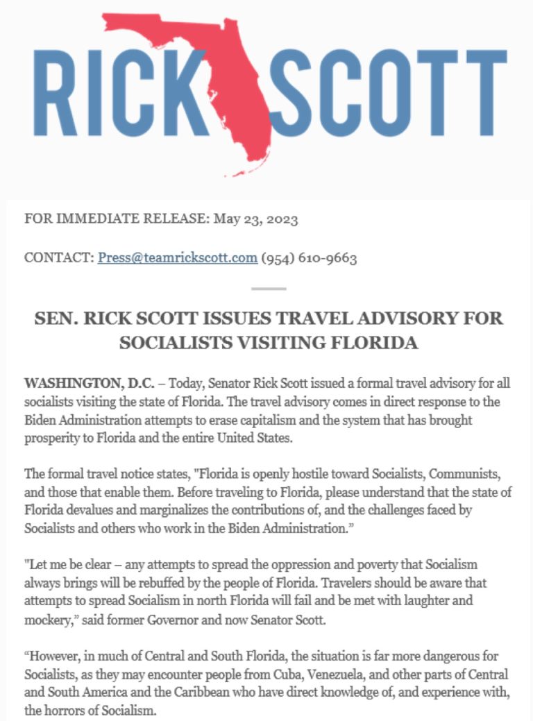 Trolling NAACP warning on Florida travel, Sen. Rick Scott issues one of his own — for Socialists