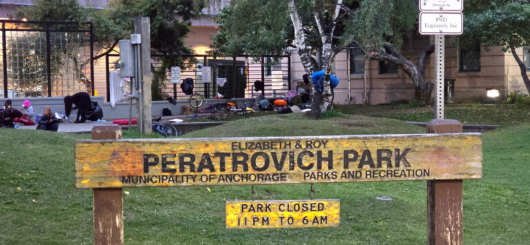 Monday dawn stroll through vagrant-overtaken Peratrovich Park in downtown Anchorage