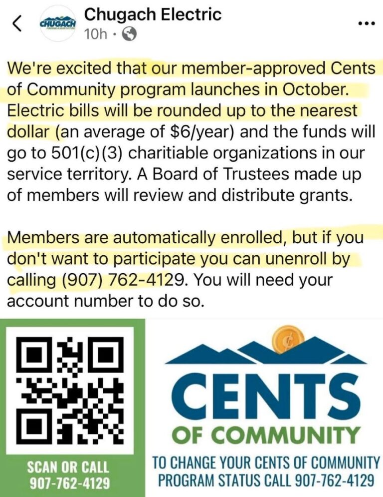 RCA Spurns Ratepayers, Upholds Chugach Electric’s “Cents of Community” Program