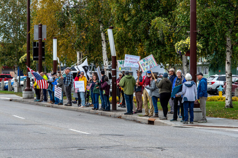 Labor Day protest in Fairbanks draws small crowd outside City Hall