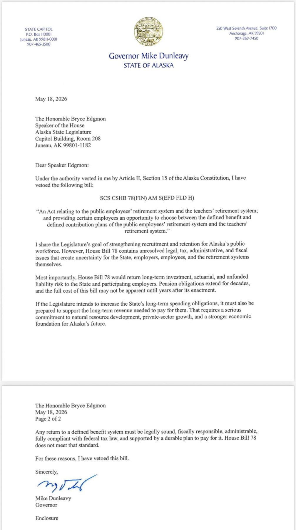 Dunleavy Vetoes Defined Benefits, Urges Legislature to Commit to Resource Development and Economic Prosperity First