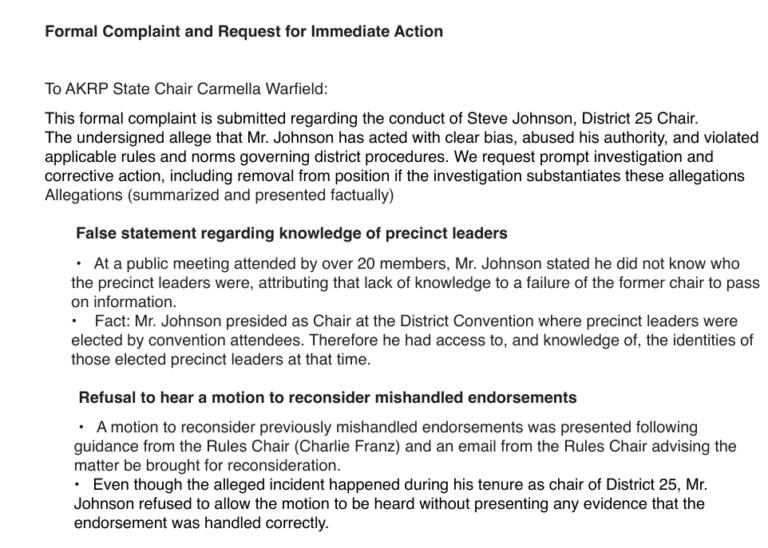 10 Republicans File Formal Complaint Against ARP District 25 Chair Steve Johnson